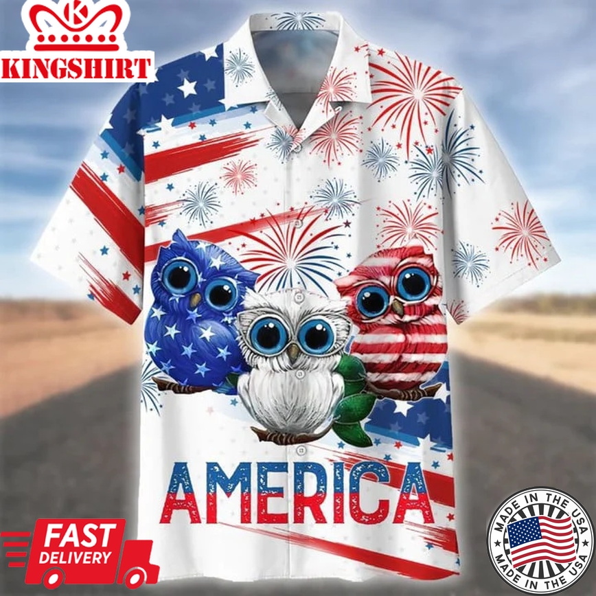 Cool Usa Owl On Trendy Hawaiian Shirt For Men And Woman On Independence's Day, Owl Trendy Hawaiian Shirt Short Sleeve