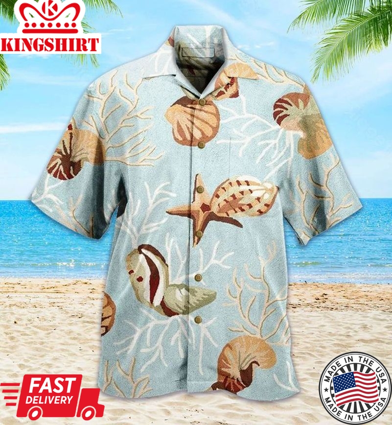 Coral Reef Shells Navy Trendy Hawaiian Shirt 3D Summer Gifts