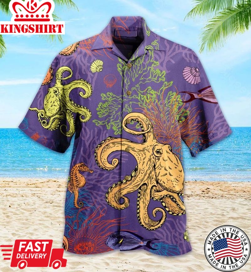 Corals Sea Octopus Colorful Trendy Hawaiian Shirt 3D, Coral Trendy Hawaiian Shirt For Summer Gifts