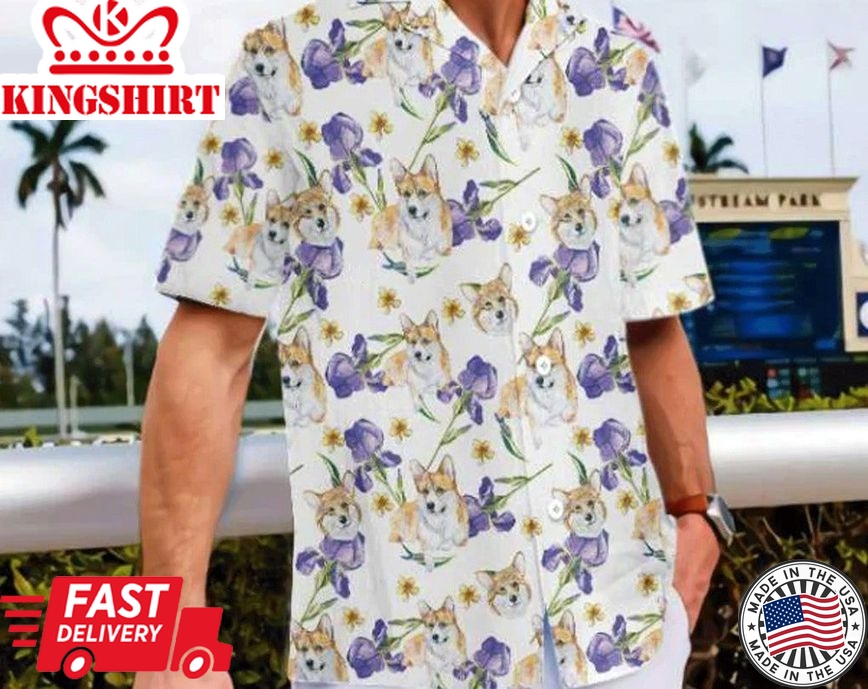 Corgi And Flowers Trendy Hawaiian Shirt, Beach Party Matching Shirt For Men/Women, Hawaiian Set Gift, Funny Trendy Hawaiian Shirt.