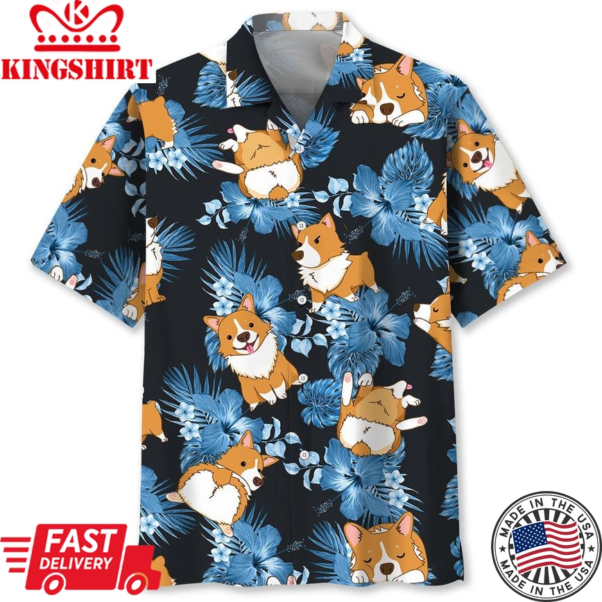 Corgi Dog Blue Floral Trendy Hawaiian Shirt