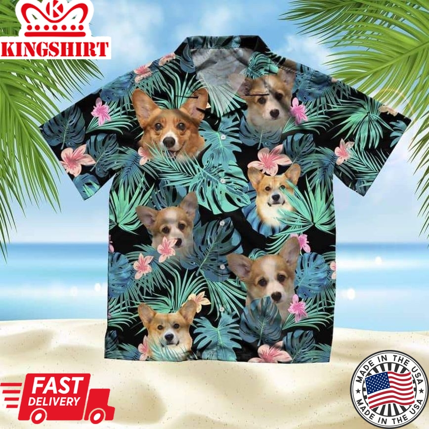 Corgi Dog Summer Leaves Trendy Hawaiian Shirt, Corgi Trendy Hawaiian Shirt, Aloha Shirt For Dog Lover Summer Gifts