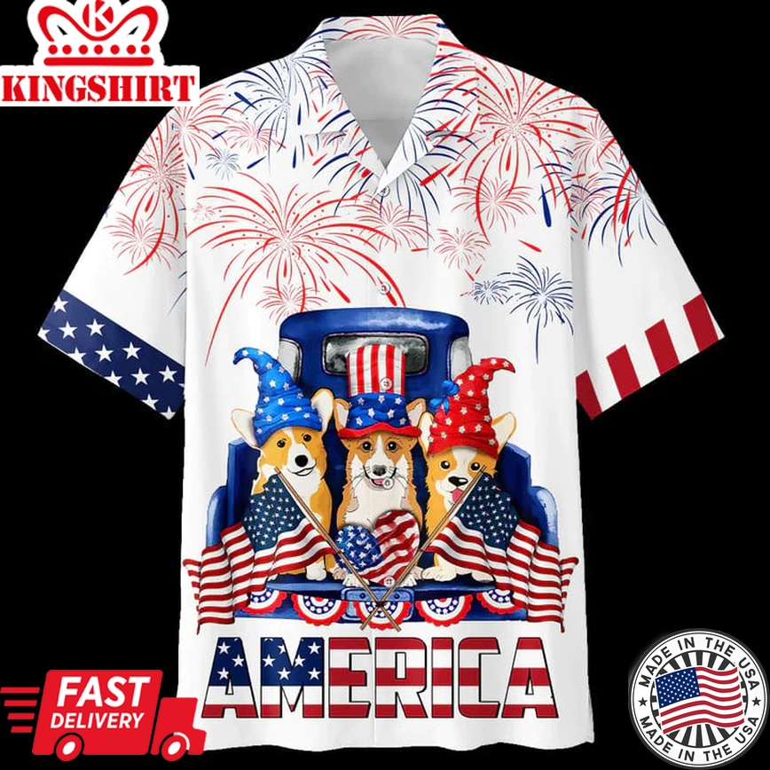 Corgi Trendy Hawaiian Shirt Full Print Independence Day, Funny Dog America On Hawaii Aloha Shirts For Dog Lovers