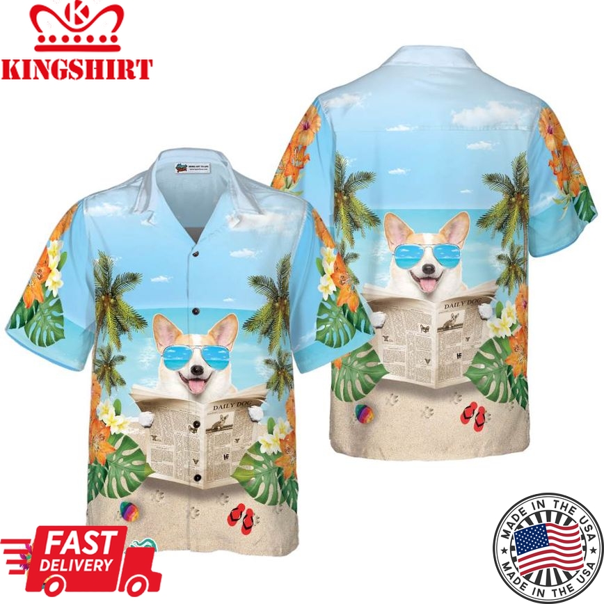 Corgi Wears Sunglasses Hawaiian Shirt