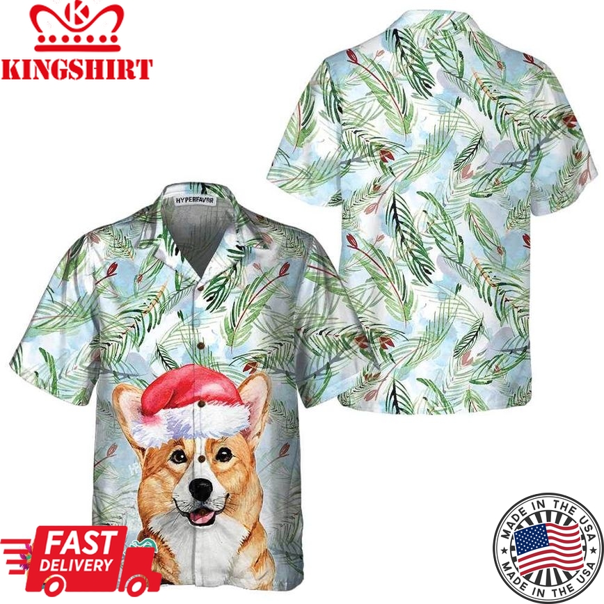 Corgi With Christmas Fir Branches Pattern Hawaiian Shirt, Corgi Christmas Shirt, Best Christmas Gift Idea