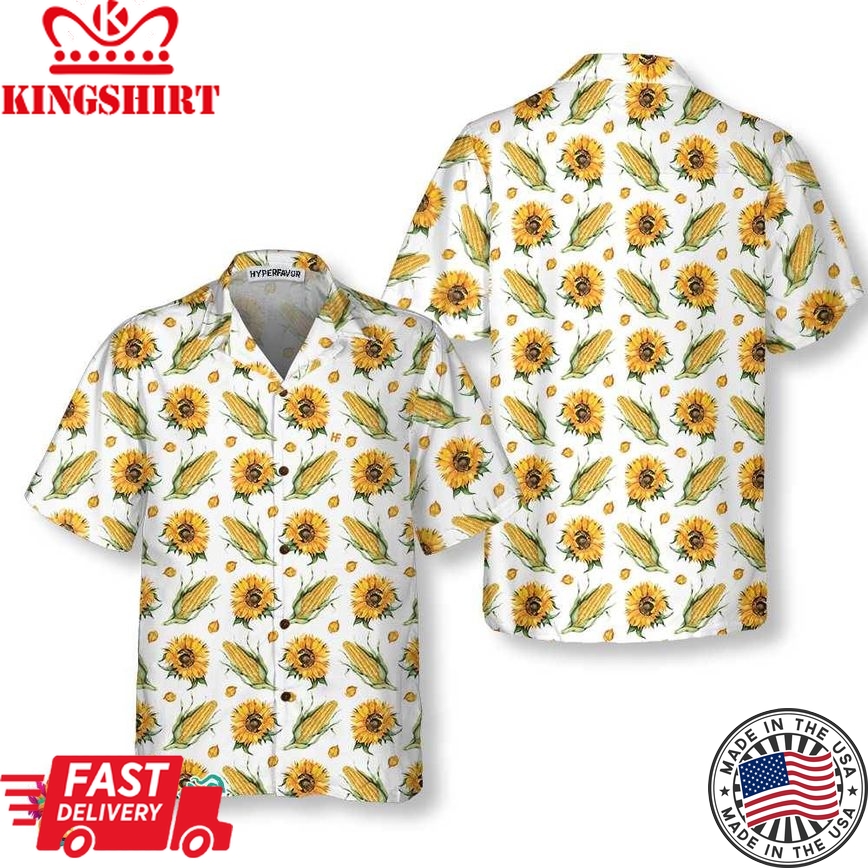 Corn And Sunflower Pattern Floral Corn Hawaiian Shirt, Corn Shirt For Adult, Corn Print Shirt