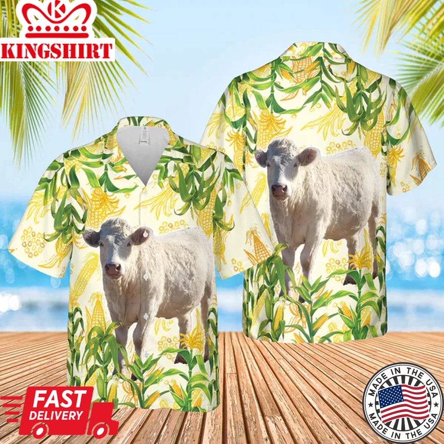 Corn Farm Charolais 3D Trendy Hawaiian Shirt, Cow Trendy Hawaiian Shirt, Summer Gifts For Men And Women