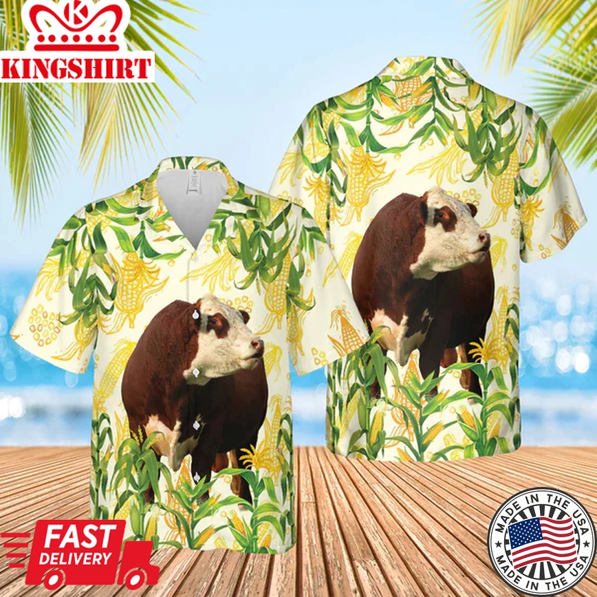 Corn Farm Hereford 3D Trendy Hawaiian Shirt, Cow Trendy Hawaiian Shirt, Summer Gifts For Men And Women