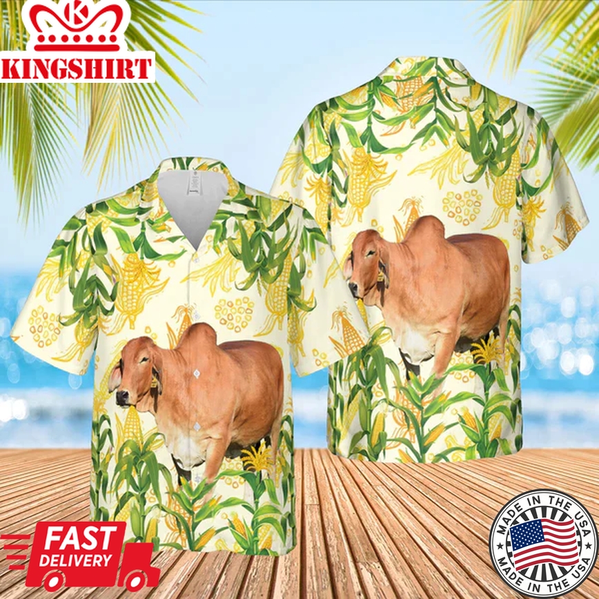 Corn Farm Red Brahman 3D Trendy Hawaiian Shirt, Cow Trendy Hawaiian Shirt, Summer Gifts For Men And Women