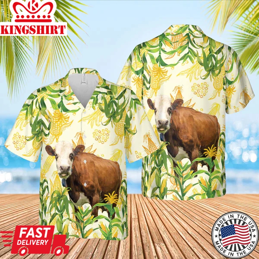 Corn Farm Simmental 3D Trendy Hawaiian Shirt, Cow Trendy Hawaiian Shirt, Summer Gifts For Men And Women