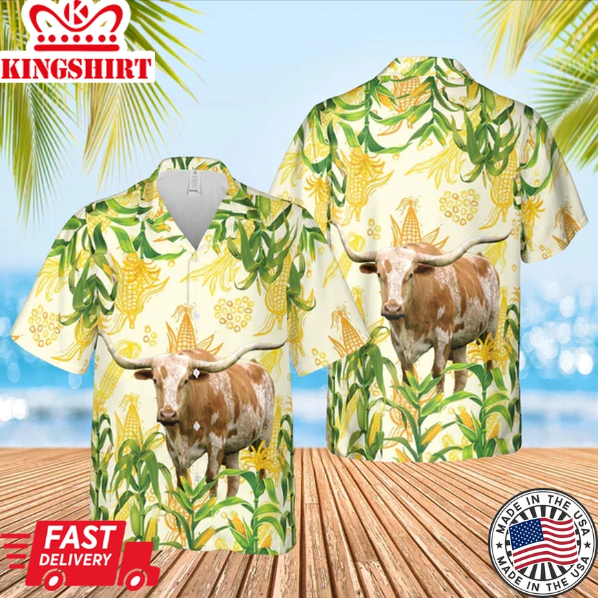 Corn Farm Texas Longhorn 3D Trendy Hawaiian Shirt, Cow Trendy Hawaiian Shirt, Summer Gifts For Men And Women