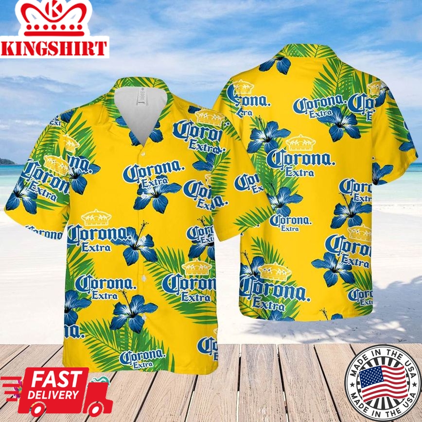 Corona Hawaiian Hibiscus Flower Pattern,Tropical Beach Shirt, Hawaiian Flower Shirt, Hawaiian Beer Shirt