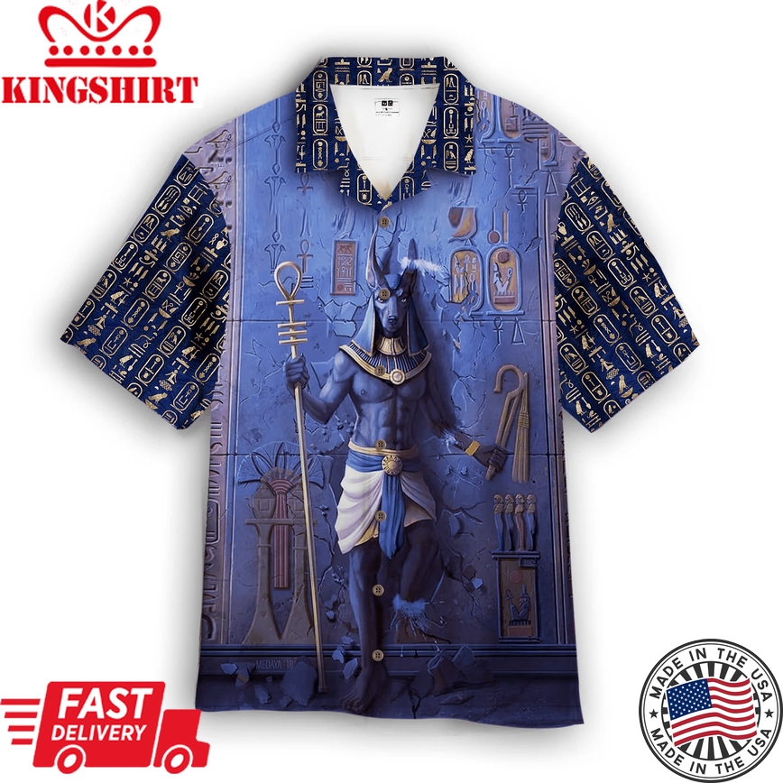 Cosmos Horus Pharaon Anubis Face Blue Trendy Hawaiian Shirt