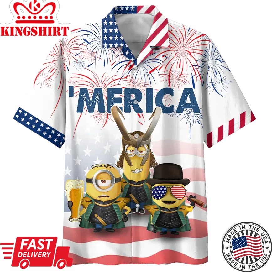 Cosplay Minions America White Trendy Hawaiian Shirt Funny Minions Aloha Shirt