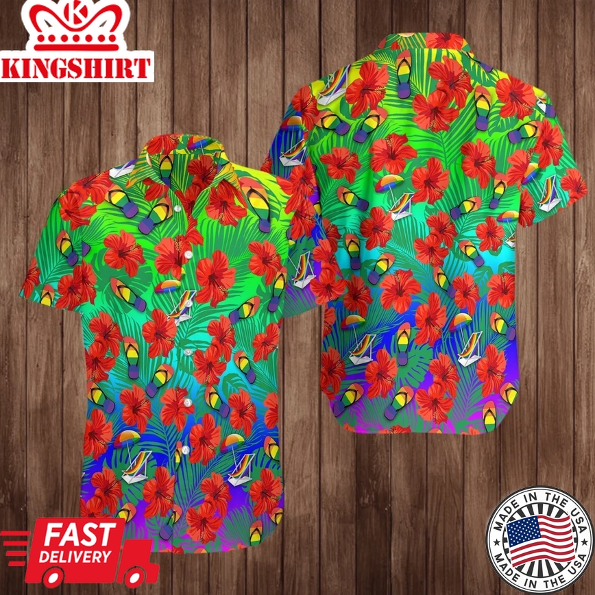 Couple Gay Pride Shirt, Lgbt Red Hibiscus Nice Ornamental Hawaiian Shirt