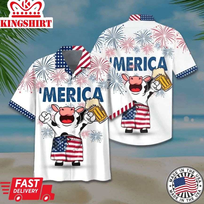 Cow And Beer 4Th Of July Trendy Hawaiian Shirt, American Flag Trendy Hawaiian Shirts For Men, Women