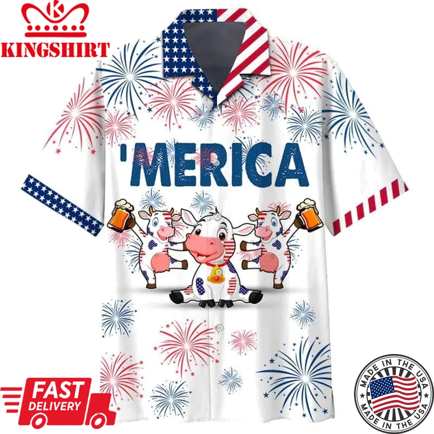 Cow And Beer 4Th Of July Trendy Hawaiian Shirt, Cow American Flag Trendy Hawaiian Shirts For Men, Women