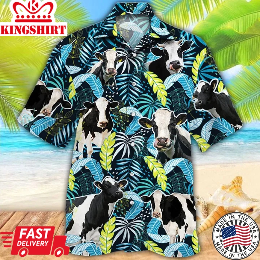 Cow Hawaii Shirt, Holstein Friesian Cattle Lovers Jungle Leaves Trendy Hawaiian Shirt, Trendy Hawaiian Shirt Men, Women