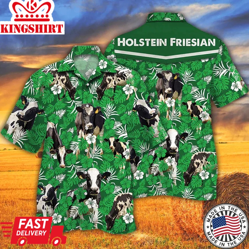 Cow Lovers Farm Cattle Mens Trendy Hawaiian Shirt Holstein Friesian Cattle Lovers Green Floral Pattern Trendy Hawaiian Shirt