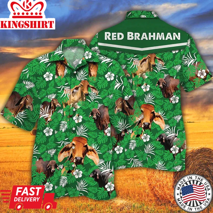 Cow Men's Trendy Hawaiian Shirt Vintage Farm Trendy Hawaiian Shirts, Red Brahman Cattle Lovers Green Floral Pattern Trendy Hawaiian Shirt