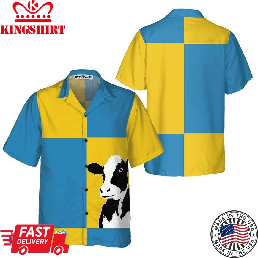 Cow On Yellow And Blue Background Hawaiian Shirt, Cow Shirt For Men & Women, Funny Cow Print Shirt