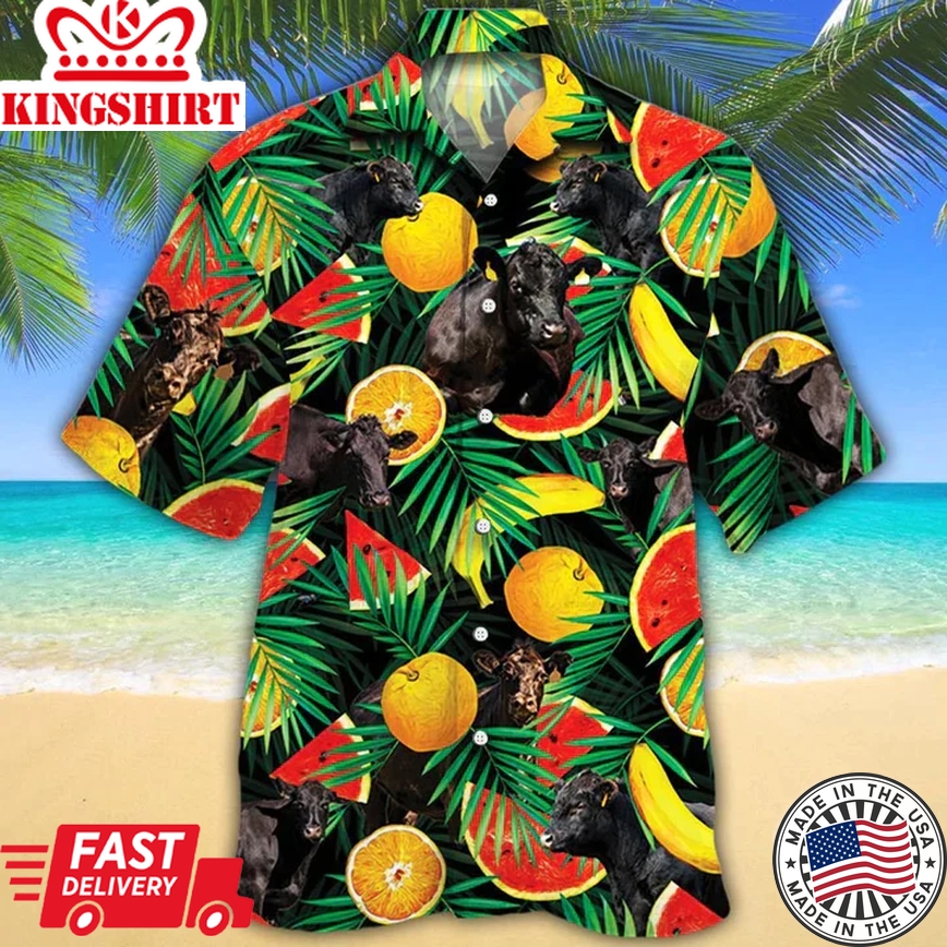 Cow Trendy Hawaiian Shirt - Black Angus Cattle Lovers Tropical Fruits Trendy Hawaiian Shirt - Aloha Shirt For Cow Lovers