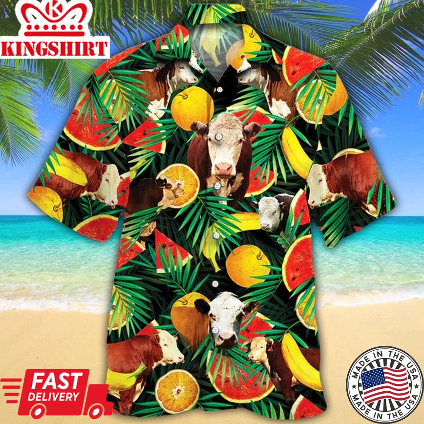 Cow Trendy Hawaiian Shirt For Men, Women - Hereford Cattle Lovers Tropical Fruits Trendy Hawaiian Shirt