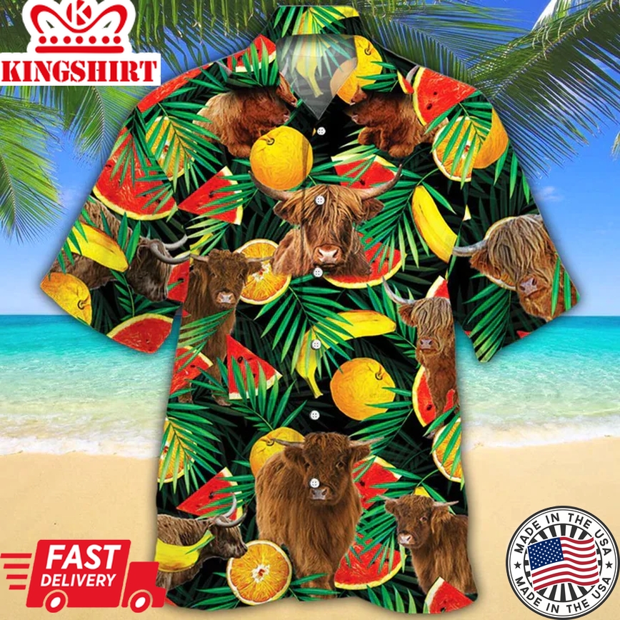 Cow Trendy Hawaiian Shirt - Highland Cattle Lovers Tropical Fruits Trendy Hawaiian Shirt - Aloha Shirt For Cow Lovers