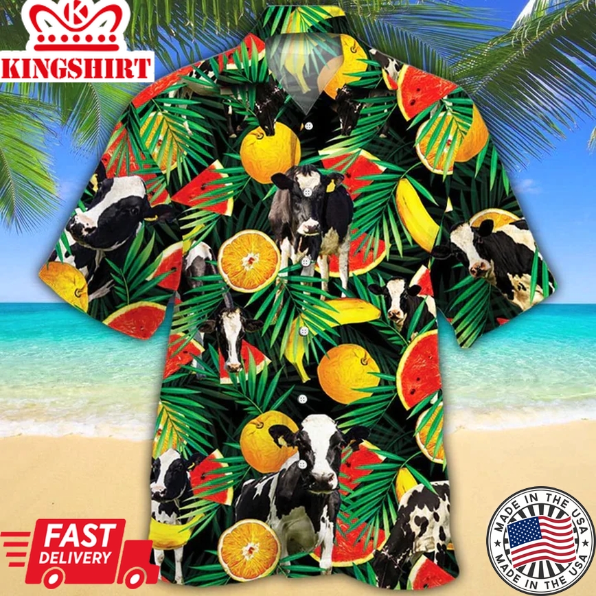 Cow Trendy Hawaiian Shirt - Holstein Friesian Cattle Lovers Tropical Fruits Trendy Hawaiian Shirt - Aloha Shirt For Cow Lovers