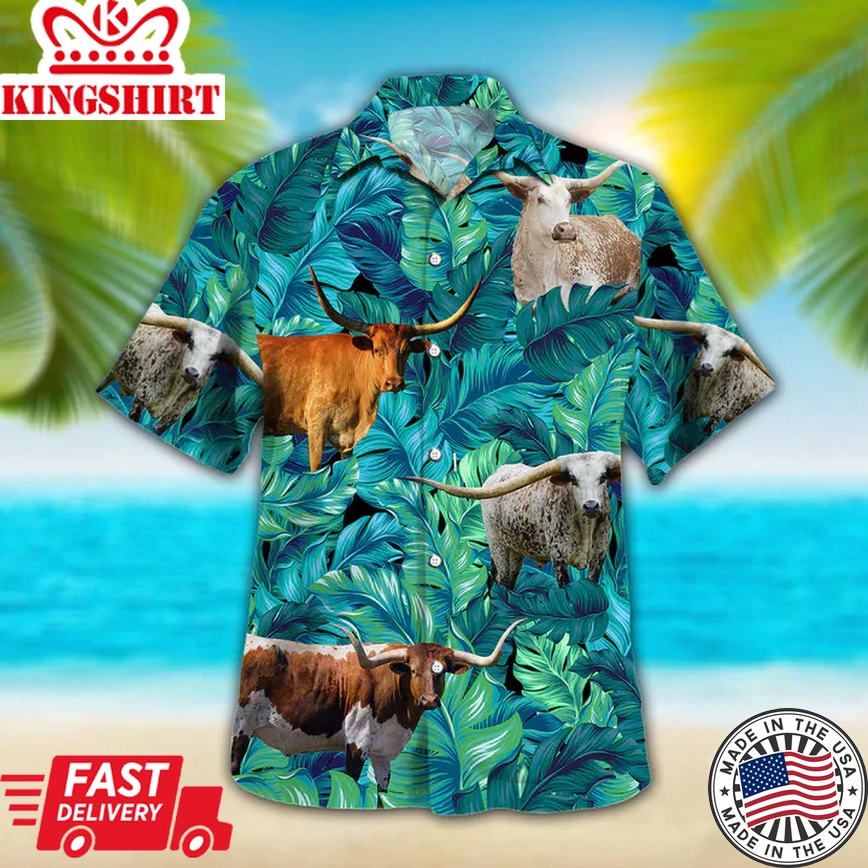 Cow Trendy Hawaiian Shirt, Tx-Longhorn Cattle Lovers Trendy Hawaiian Shirt, Summer Short Sleeve Hawaiian Aloha Shirt For Men, Women