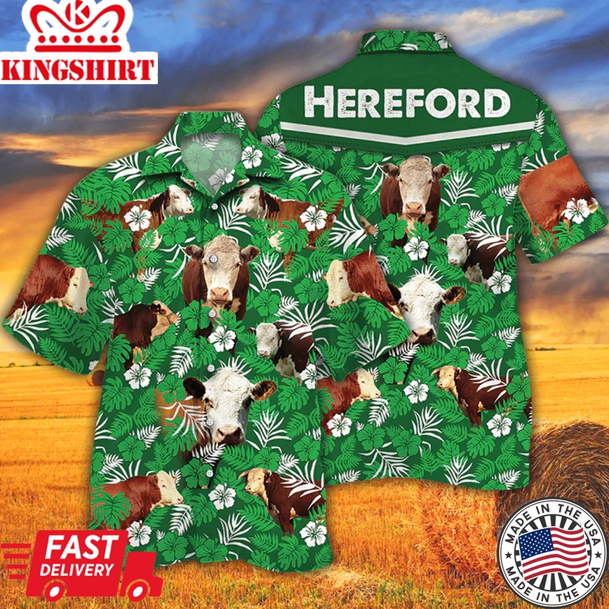 Cow Trendy Hawaiian Shirts For Men Women - Hereford Cattle Lovers Green Floral Pattern Trendy Hawaiian Shirt