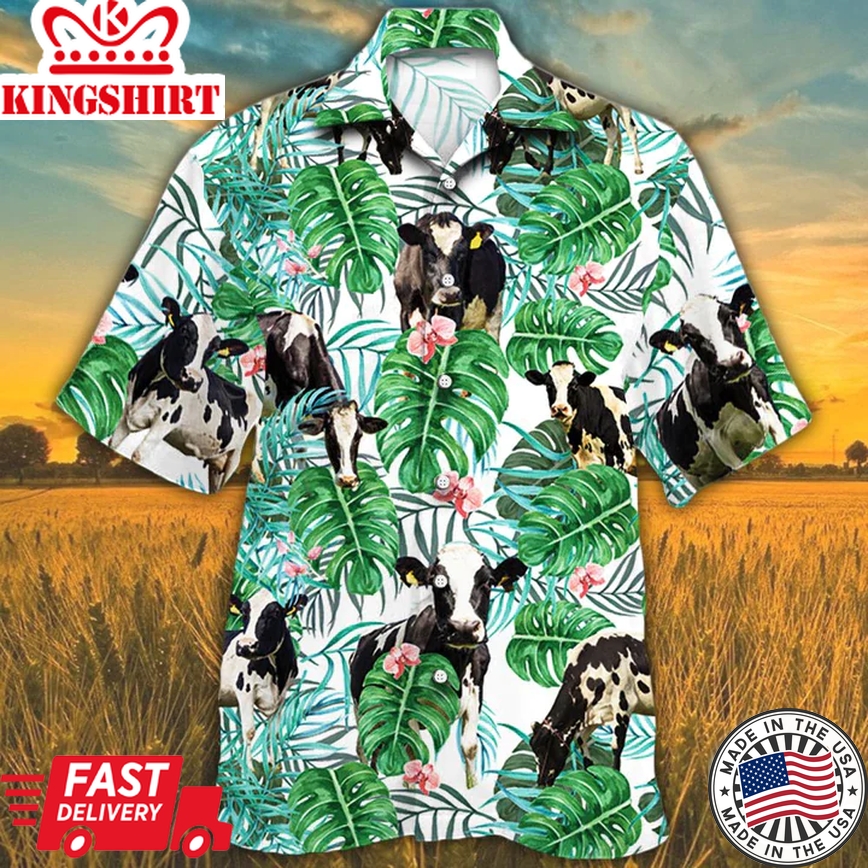 Cow Trendy Hawaiian Shirts For Men, Women, Holstein Friesian Cattle Lovers Tropical Plant Trendy Hawaiian Shirt