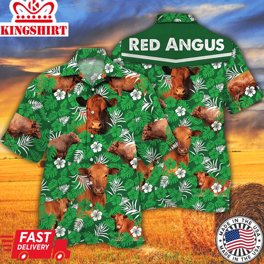 Cow Trendy Hawaiian Shirts For Men Women - Vintage Farm Trendy Hawaiian Shirts, Red Angus Cattle Lovers Green Floral Pattern Trendy Hawaiian Shirt