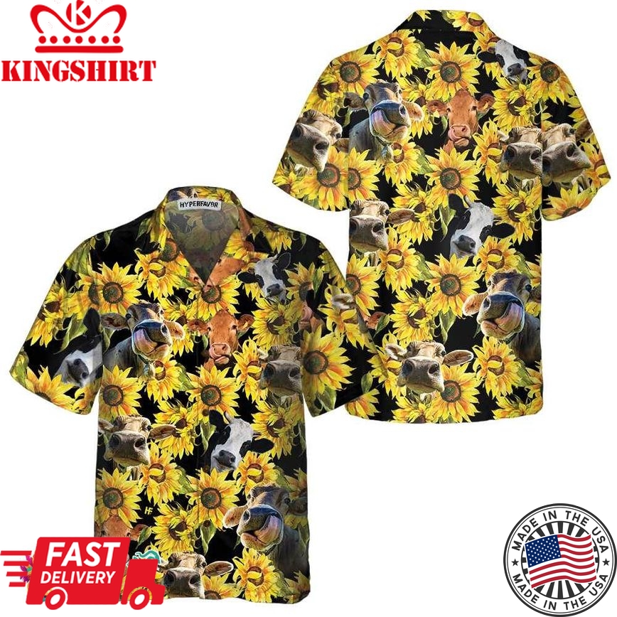 Cow With Sunflower Hawaiian Shirt, Tropical Cow Shirt For Men And Women, Funny Cow Print Shirt Gift Idea