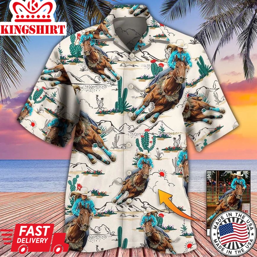 Cowboy Barrel Racing Tropical Desert Custom Photo Hawaiian Shirt