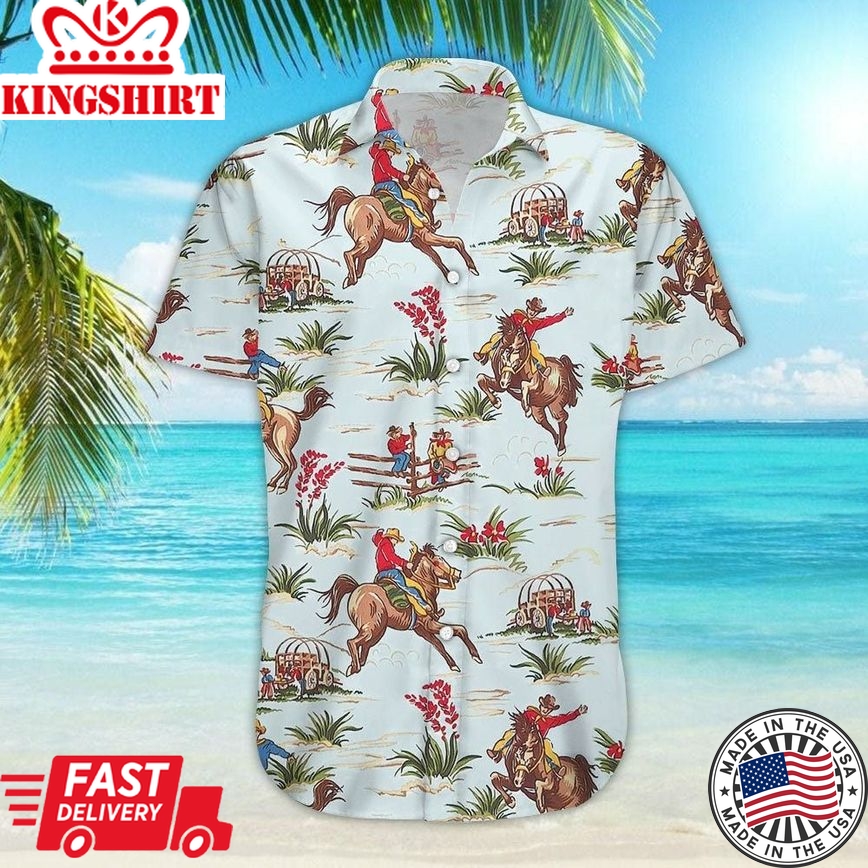 Cowboy Hawaiian Shirt - Floral Cowboy Riding Horse Button Down Shirt