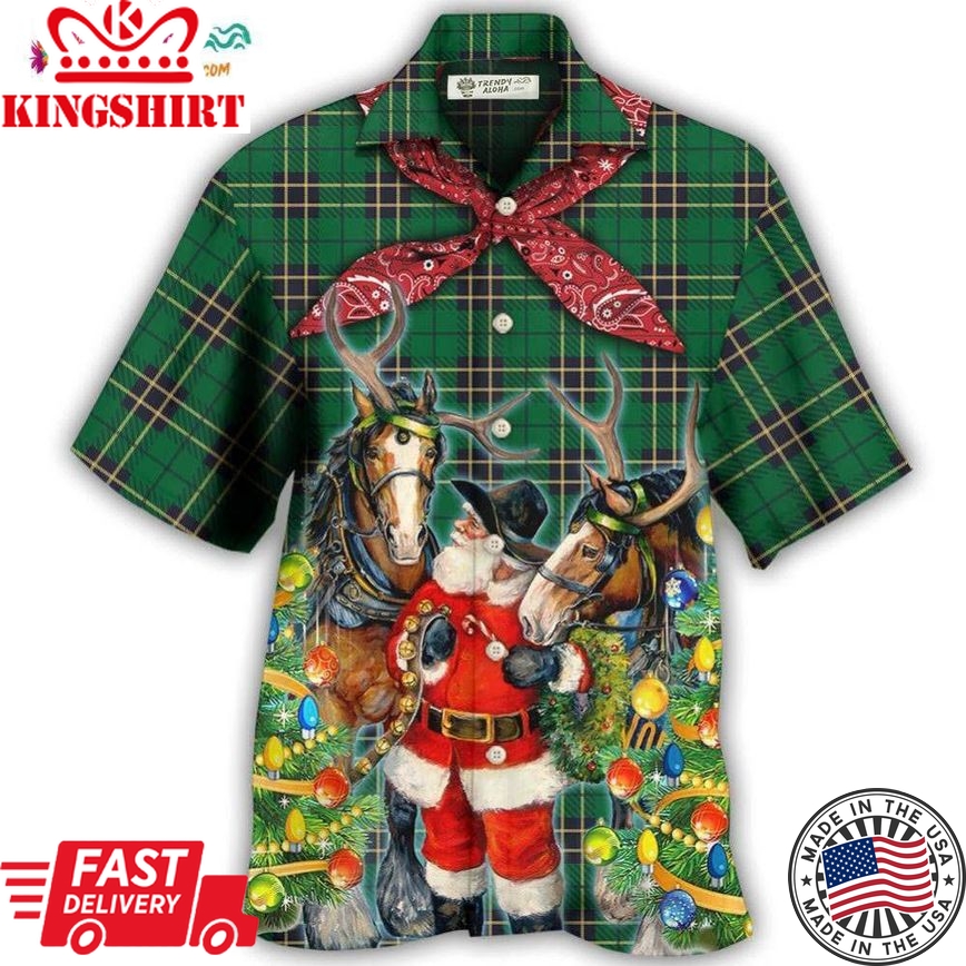 Cowboy Santa Christmas Green Hawaiian Shirt
