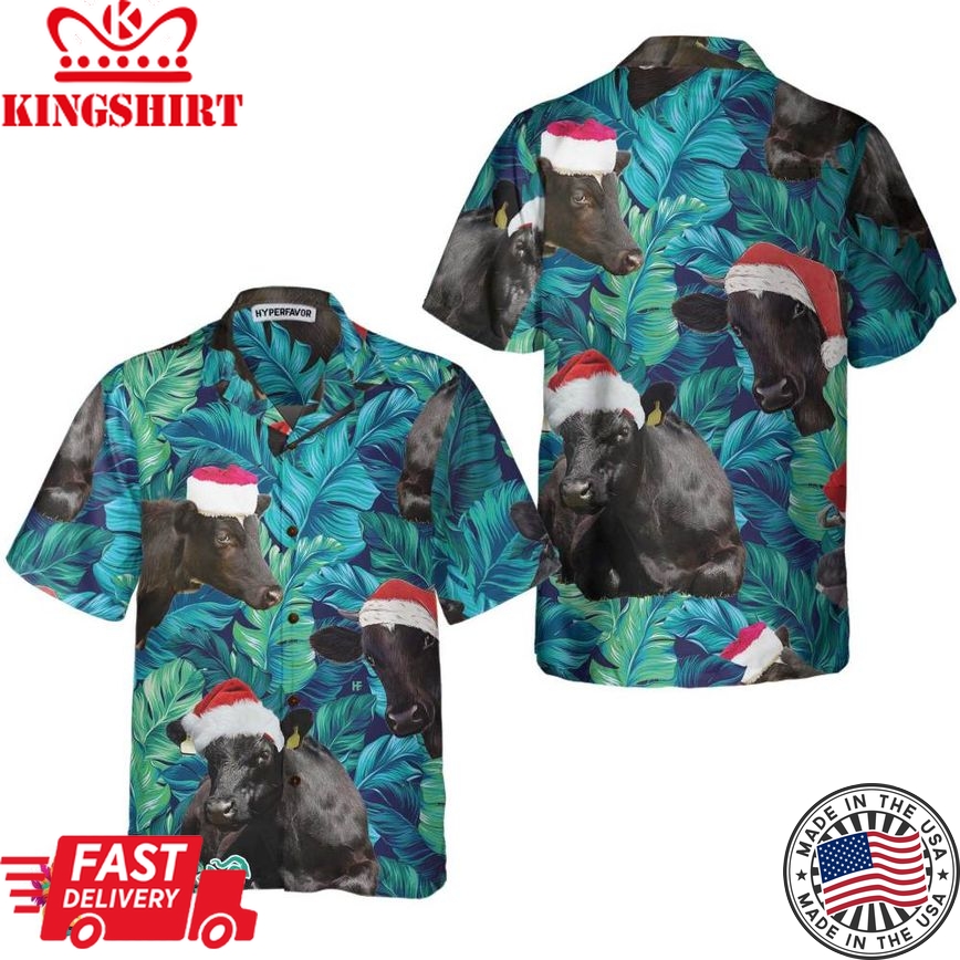 Cows Black Cattle Wear Santa Hat Hawaiian Shirt, Tropical Leaves Pattern Christmas Shirt, Best Gift For Christmas