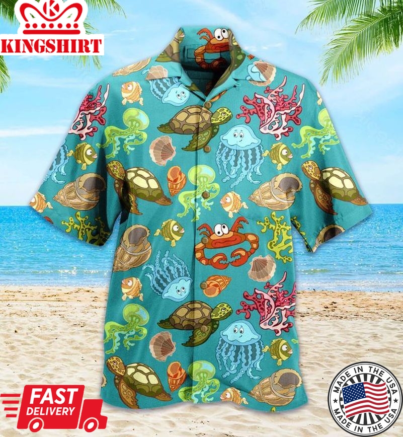 Crab Turtle Corals Jellyfish Contour Colorful Trendy Hawaiian Shirt 3D Summer Gifts