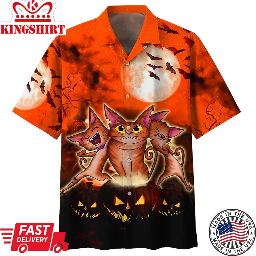 Crazy Cat And Pumkin Halloween Trendy Hawaiian Shirt, Unisex Print Aloha Short Sleeve Casual Shirt