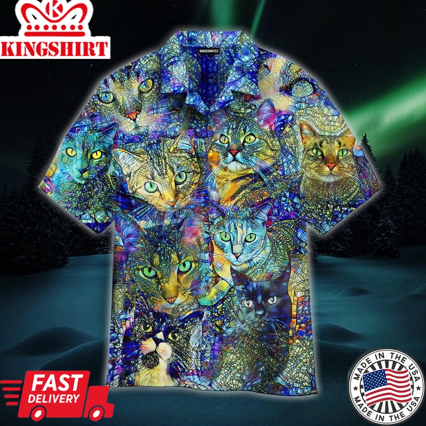 Crazy Colorful Cat Stained Glass Trendy Hawaiian Shirt