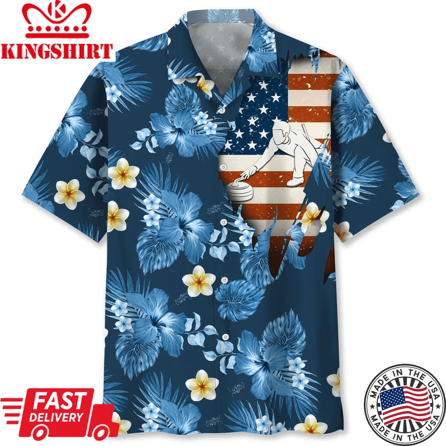 Curling Usa Blue Tropical Trendy Hawaiian Shirt