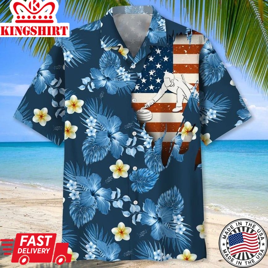 Curling Usa Blue Tropical Trendy Hawaiian Shirt, Trendy Hawaiian Shirt For Men, Summer Gift