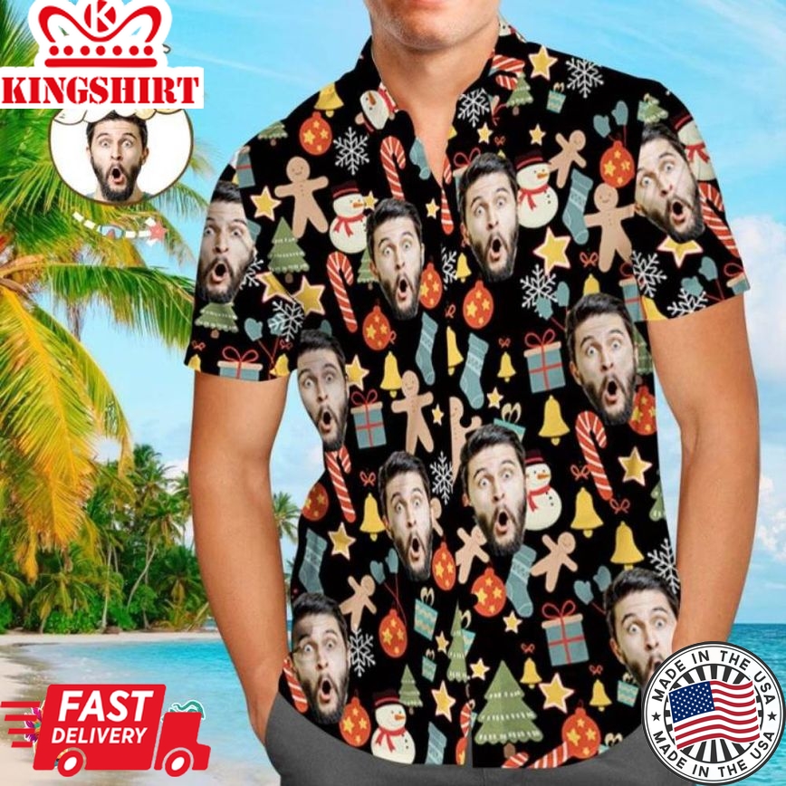 Custom Black Face Shirt Personalized Photo Men's Trending Hawaiian Shirts Hawaiian Shirt Christmas Surprise Gift - Merry Christmas