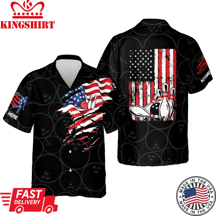 Custom Bowling Trendy Hawaiian Shirts For Men, Usa Flag Patriotic Hawaiian Bowling Shirts