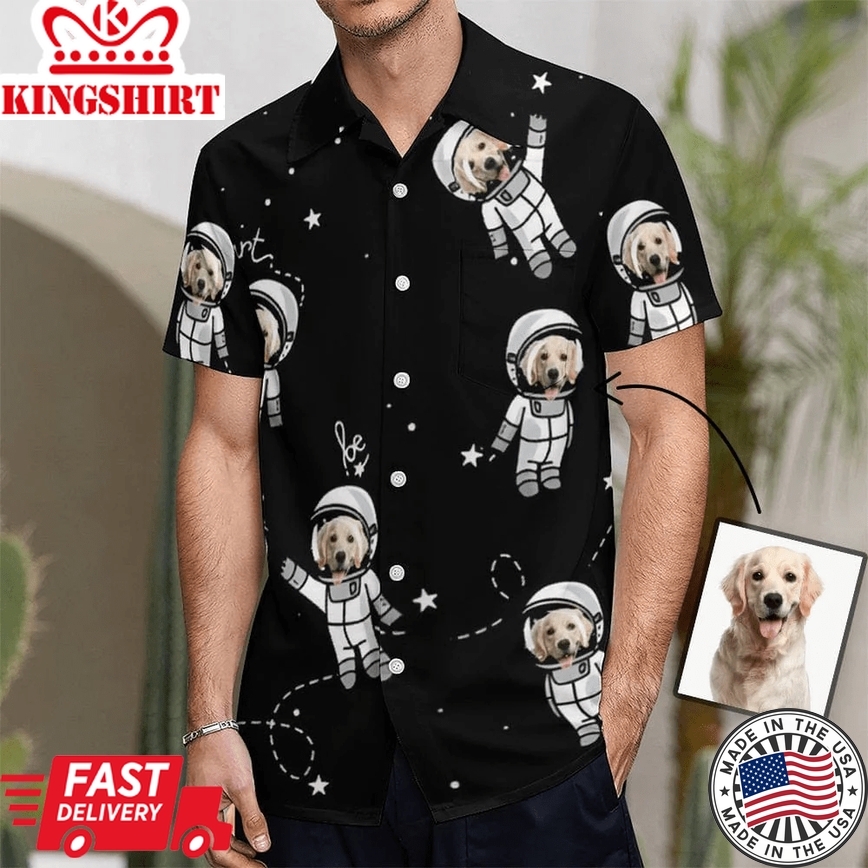 Custom Dog Face Astronaut Black Shirt Men Front Beach Short Sleeve Trendy Hawaiian Shirt Boyfriend Gift For Him