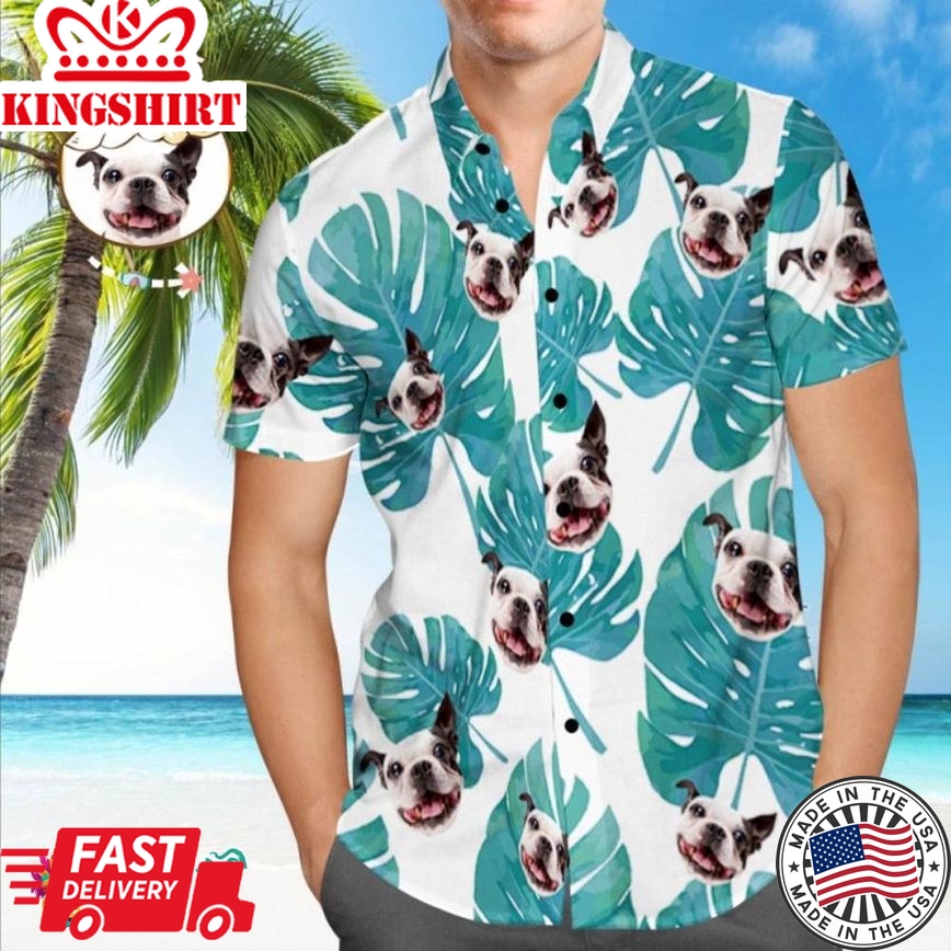 Custom Dog Face Trending Hawaiian Shirts Hawaiian Shirt Custom Tropical Shirts Green Leaves Beach Shirt