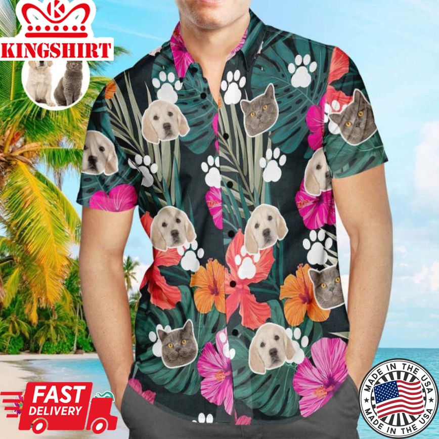 Custom Dog Face Trending Hawaiian Shirts Hawaiian Shirt Leaves And Flowers Personalized Aloha Beach Shirt Gift For Pet Lover