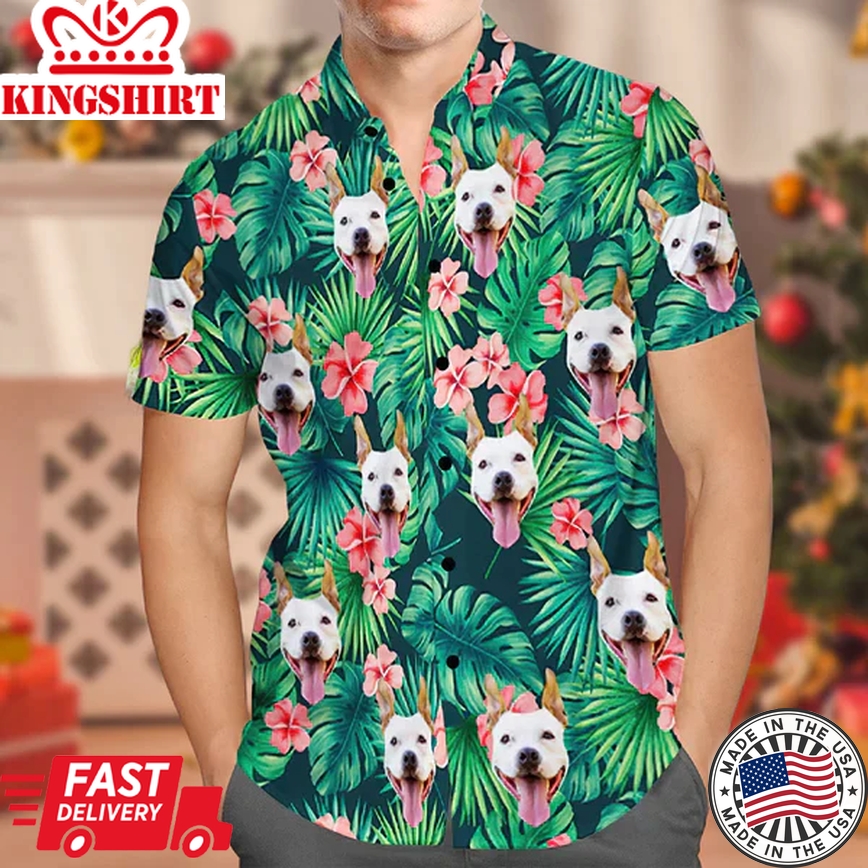 Custom Dog Face Trendy Hawaiian Shirt Leaves & Flowers Shirt For Summer, Trendy Hawaiian Shirt For Men And Women