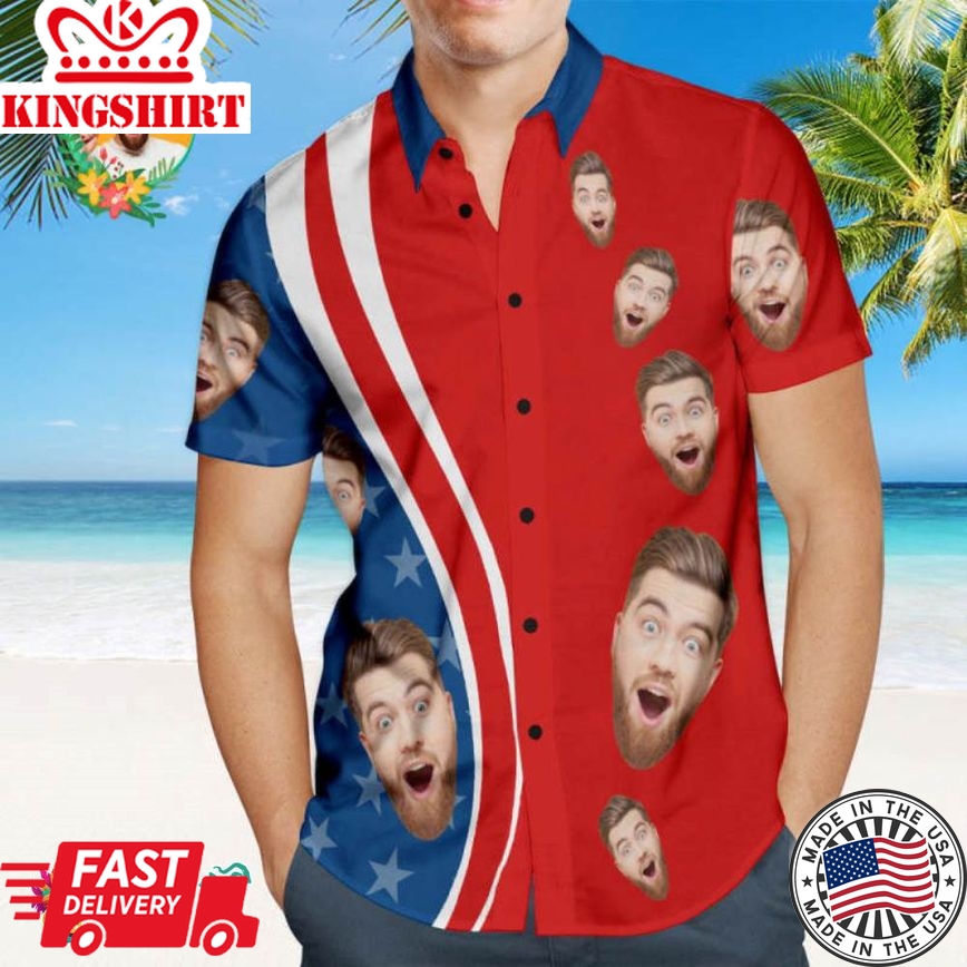 Custom Face 4Th Of July American Flag Patriotic Trending Hawaiian Shirts Hawaiian Shirts Independence Day Men's Trending Hawaiian Shirts Hawaiian Shirts